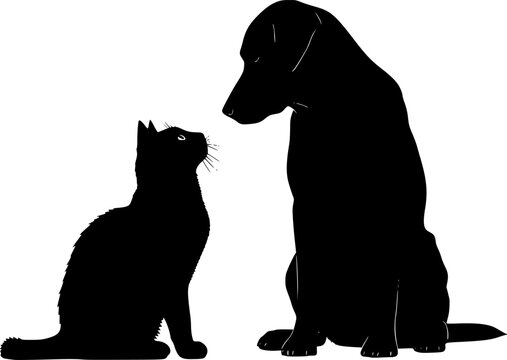 Minimalist black silhouettes of a sitting cat and dog side by side, design for pet care service logos, veterinary clinic branding and animal shelter awareness campaigns. Transparent EPS version.