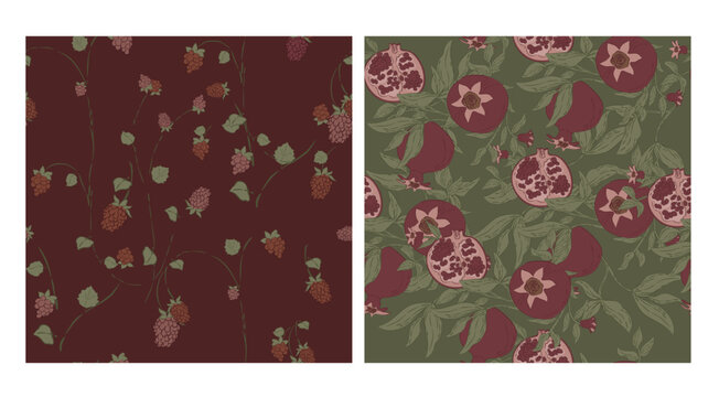 Vintage Pomegranate and Raspberry Botanical Seamless Pattern Set