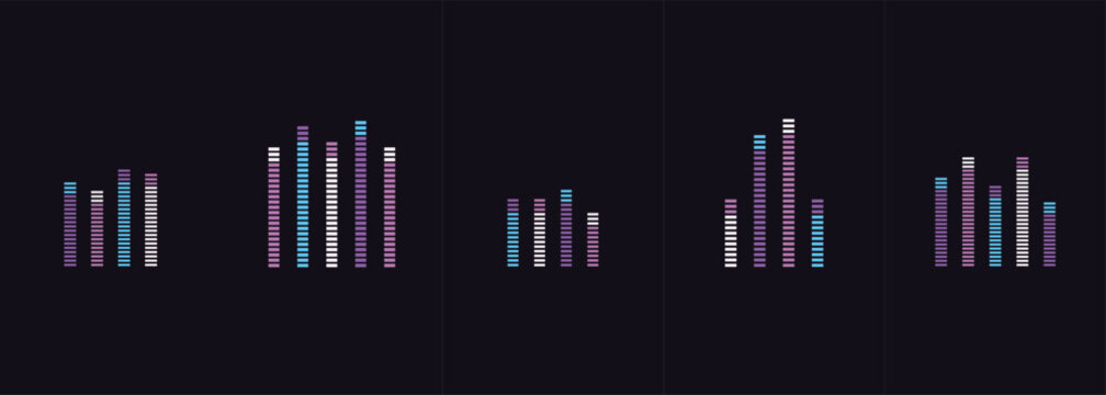 Five distinct sets of neon colored digital audio sound wave equalizers