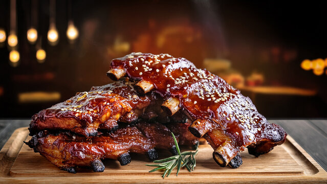 Glazed BBQ pork ribs on cutting board with blurred smokehouse background banner.