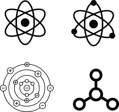 Atom Model and Molecular Structure Line Icon Set Featuring Bohr Electron Orbits Nucleus and Chemical Bond Symbols for Physics Chemistry Science Education
