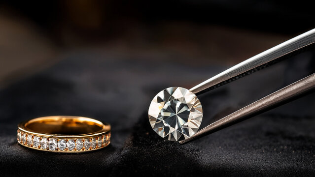 Gold diamond ring with tweezers and blurred jewelry workshop background banner.