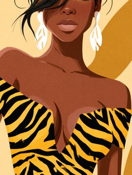 Modern minimalist illustrative fashion portrait of a beautiful sensual boho woman with sunflower patterns and animal prints in a stylish frontal view with copy space