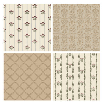 Vintage Floral Stripe and Botanical Lattice Seamless Pattern Set