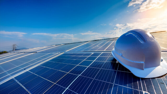 Solar panel and engineer hardhat with blurred sunny rooftop background banner.