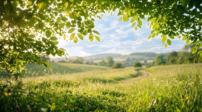 Beautiful summer landscape with green rolling hills and meadows framed by lush tree leaves under a bright sky