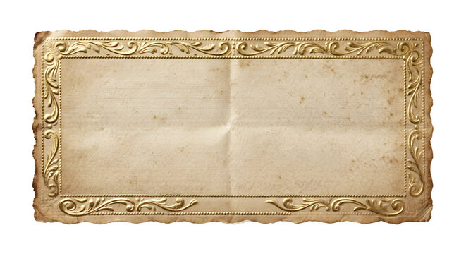 Vintage creased paper card with ornate gold filigree border frame