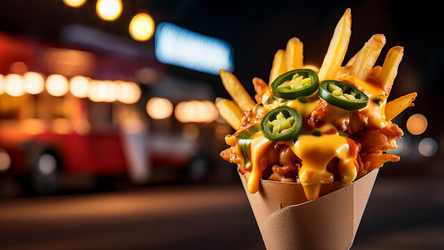Loaded french fries with melted cheddar and blurred food truck background banner.