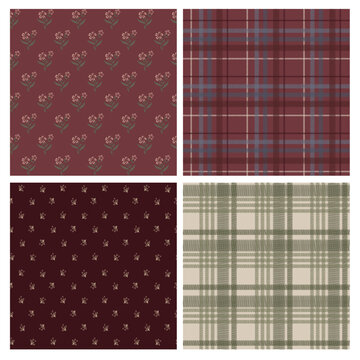 Burgundy Cottage Floral and Plaid Seamless Pattern Collection