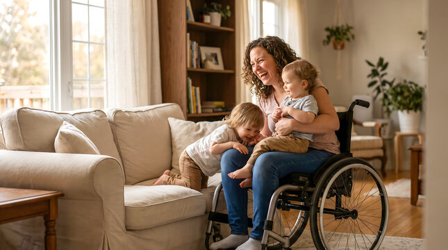 Happy disabled mother in a wheelchair playing with her two toddlers in a sunny living room