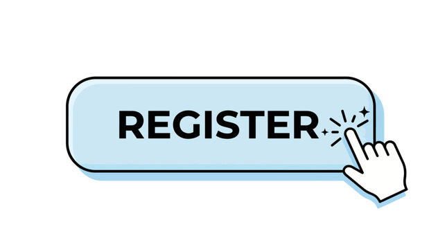 Register button with clicking hand cursor isolated on white background for online signup and web interface design