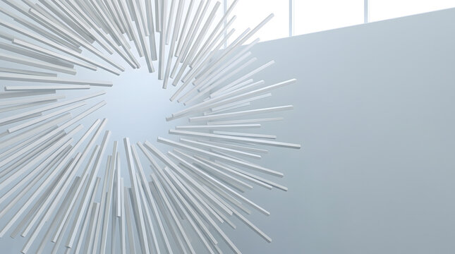 Bursting linear rod sculpture emerging from gallery wall