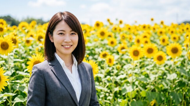 プロフィール写真をイメージした、豊かなひまわり畑を背にして穏やかな笑顔をカメラに向けている知的な印象の20代日本人女性社員のバストアップポートレート