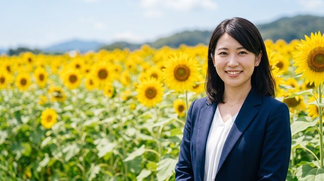 プロフィール写真をイメージした、豊かなひまわり畑を背にして穏やかな笑顔をカメラに向けている知的な印象の20代日本人女性社員のバストアップポートレート