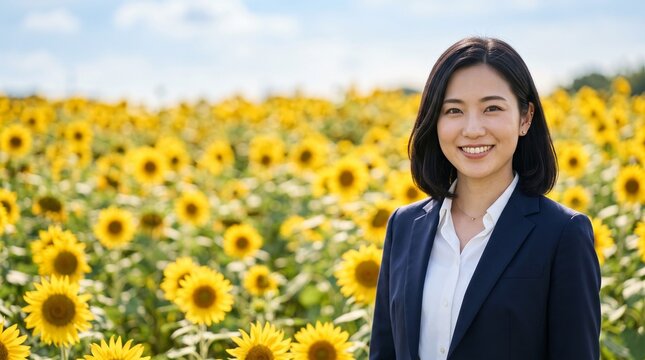 プロフィール写真をイメージした、豊かなひまわり畑を背にして穏やかな笑顔をカメラに向けている知的な印象の20代日本人女性社員のバストアップポートレート