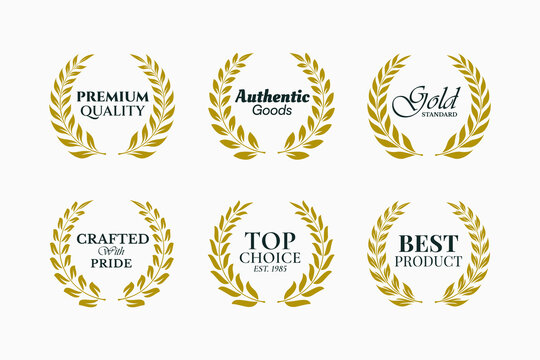 Elegant Laurel Wreath Premium Quality Badge Collection with Gold Standard, Authentic Goods and Award Emblems