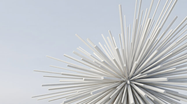 Bursting linear starburst sculpture with thin white rods