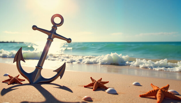 anchor resting on sandy beach with starfish and seashells nearby, ocean waves gently lapping in background, concept coastal relaxation