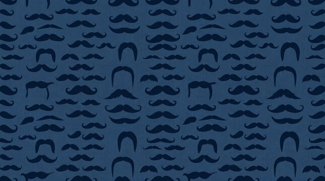 Mustache pattern background with various facial hair styles. Dark blue mustache silhouettes on white fabric texture. Seamless retro design