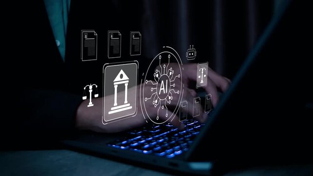 Artificial intelligence law and regulation concept with businessman working on laptop, representing AI policy, ethics, legal risk, responsible technology, and compliance standards.