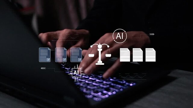 Businessman law scales icon with AI and policy document symbols. Concept of artificial intelligence governance, digital ethics, legal compliance, and corporate regulations.