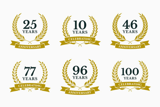 Laurel Wreath Anniversary Milestone Badge Set with Gold Ribbons, Celebrating Years and Heritage Emblems