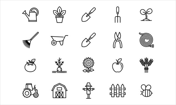 Set outline icons related to gardening, landscaping, farming. Linear icon collection. Editable stroke. Vector illustration