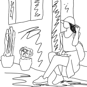 Black and white line drawing of a person sitting on bench with hat, sleeveless top, sneakers, jacket tied at waist, hand touching brim, two potted plants and abstract wall lines in minimalist sketch.