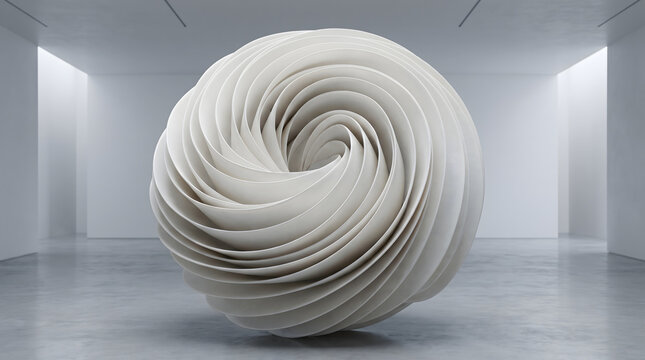 Swirling finned torus sculpture in spacious modern exhibit room