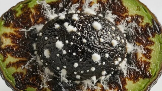 Watch the browning and mold appear on sliced avocado half in close up timelapse over time without any interruptions to observe changes