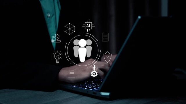 Human resource and team management concept with digital team icon, representing employee data system, workforce management, business connection, leadership and talent analytics.
