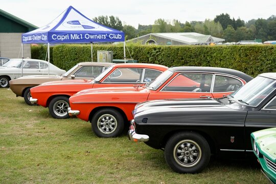 A line up of stunning classic Mk1 Ford Capris. Harrogate, Yorkshire, England, UK. August 2026. 