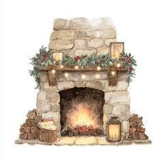 Fototapeta premium Cozy rustic fireplace holiday illustration.