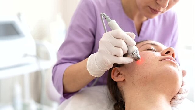 cosmetologist in blue gloves performing a botox, mesotherapy, dermastamp, laser hair removal, facial cleansing, and anti-age procedure on a female client in a modern aesthetic clini