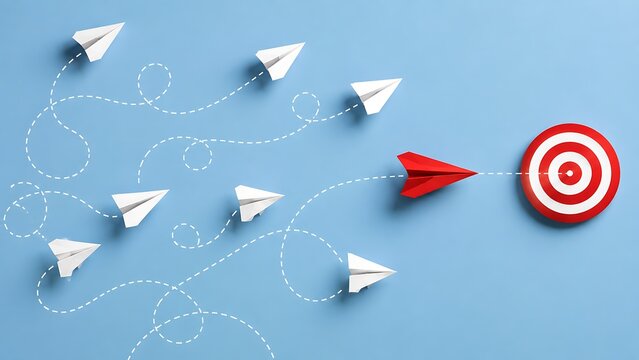 Red paper airplane leading white paper airplanes towards red target center representing leadership vision focus and strategic success in business growth concept.