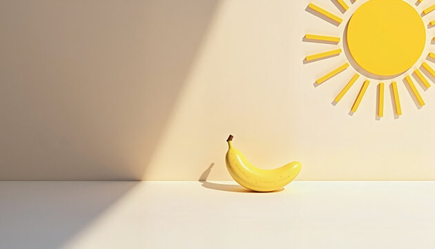 yellow banana against a light background with a sun pattern casting a shadow, concept of summer freshness and healthy eating