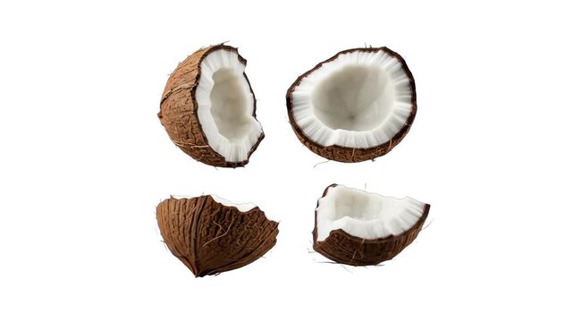 Cracked coconut halves and shell pieces levitating and tumbling in mid-air isolated on a clean white background. Perfect for healthy food packaging, cosmetics brand advertising, tropical recipe videos