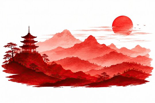 Red japanese pagoda temple with mountains and sun in pixel art style
