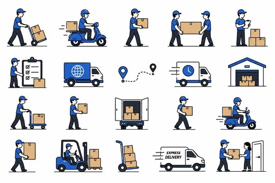 Set of delivery service icons with workers and shipping packages