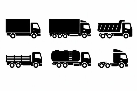 Set of black truck icons representing different types of heavy vehicles