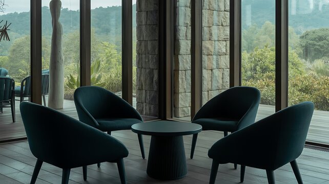 Two people sitting at a modern round table near large windows