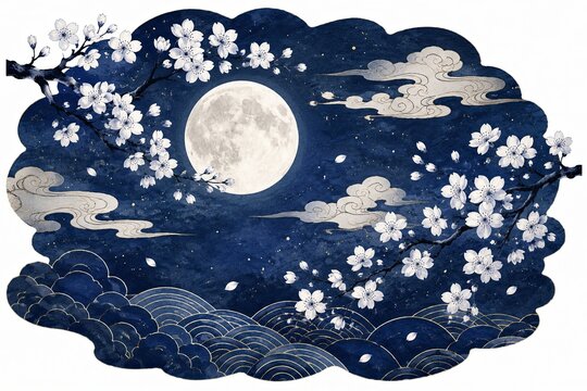 Full moon and cherry blossom flowers in a dark blue night sky style