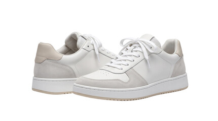 Naklejka premium Minimalist white leather sneakers, premium casual footwear with suede accents, stylish urban walking shoes for daily lifestyle wear isolated PNG with Transparent Background
