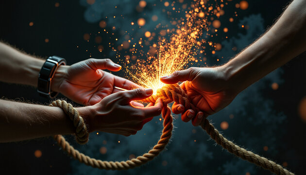 two hands pulling a rope with sparks flying, symbolizing collaboration and opportunity against a dark background