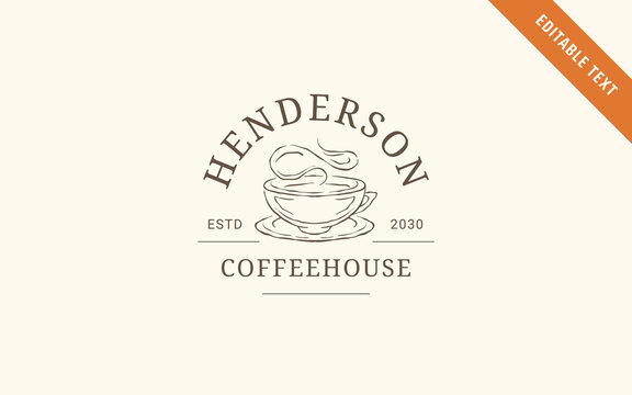 Coffee logo template with editable text classic arched serif typography layout detailed hand sketched coffee cup illustration soft warm neutral cream palette
