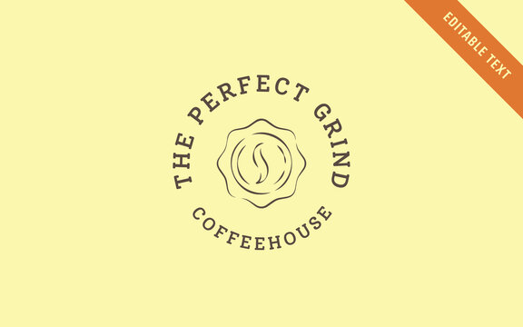 Coffee logo template with editable text, hand drawn coffee bean seal emblem, deep plum typography on soft pale yellow background conveying cheerful upbeat welcoming local coffeehouse atmosphere