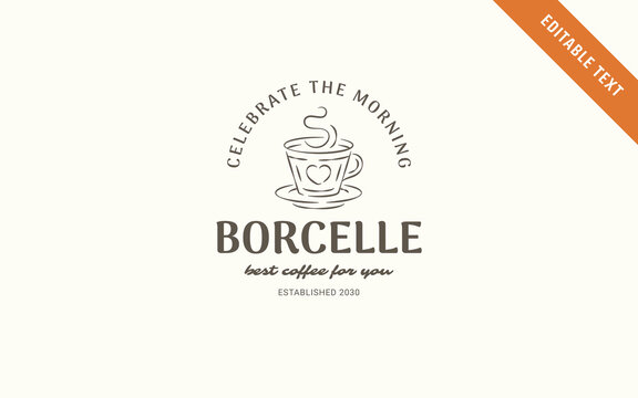 Coffee logo template with editable text soft warm neutral palette fine line art coffee cup illustration hand drawn typography gentle cozy morning cafe atmosphere