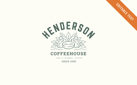 Logo template with editable text, vintage line art coffee bean illustration, soft muted earthy tones, classic arched typography for small local coffeehouse visual identity