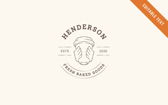 Coffee logo template with editable text hand drawn takeaway cup held in work gloves circular badge layout warm soft cream vintage aesthetic classic arched serif typography