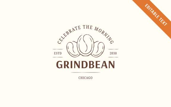 Coffee logo template with editable text, hand drawn whole roasted coffee beans, brown line art, bold classic serif typography highlighting cheerful morning coffee ritual in established city location